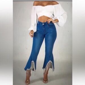 Hot & Delicious Blue Denim Bell Bottom Jeans Embellished Rhinestone Fringe Flare